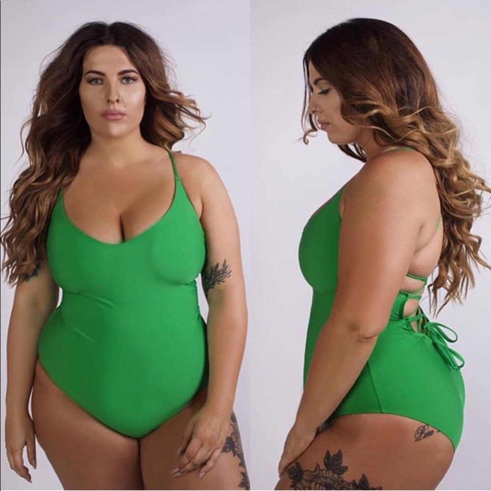 Plunging lace up one piece swimsuit plus size